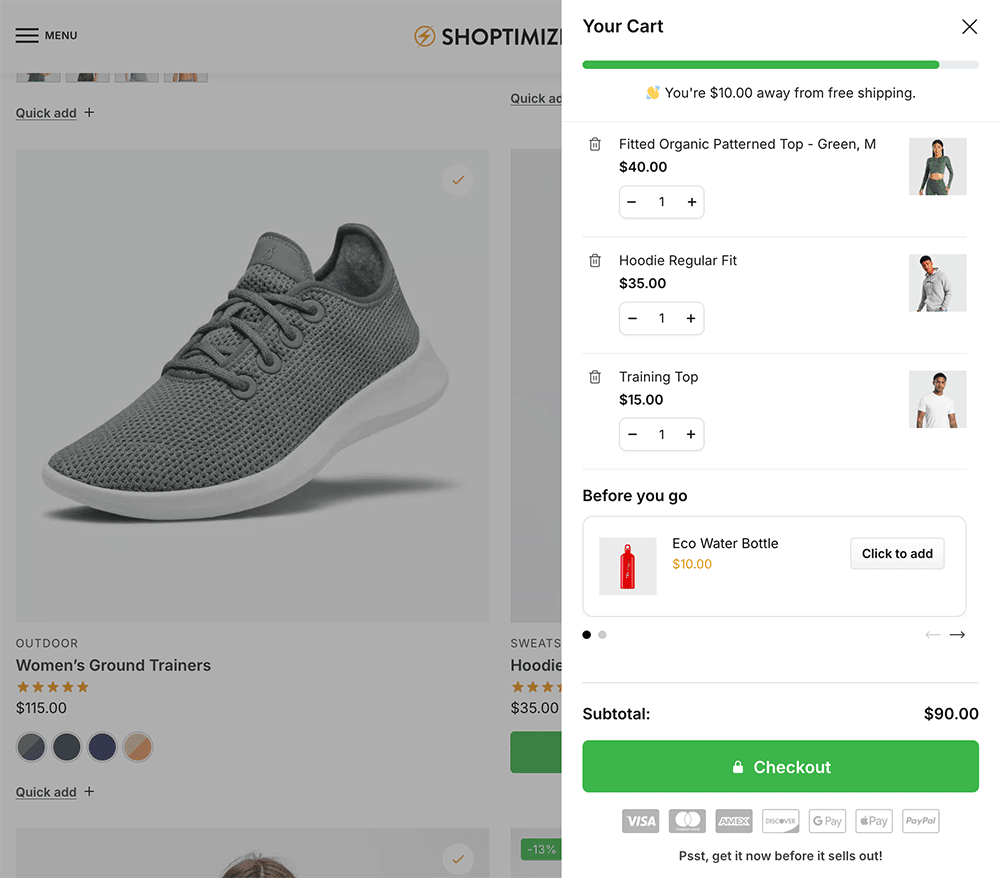 Slide-out cart with free shipping progress